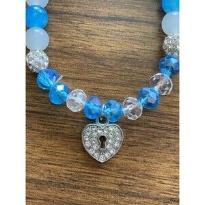 Heart Lock and Keyhole Charm Beaded Bracelet - Blue, White, and Crystal Beads